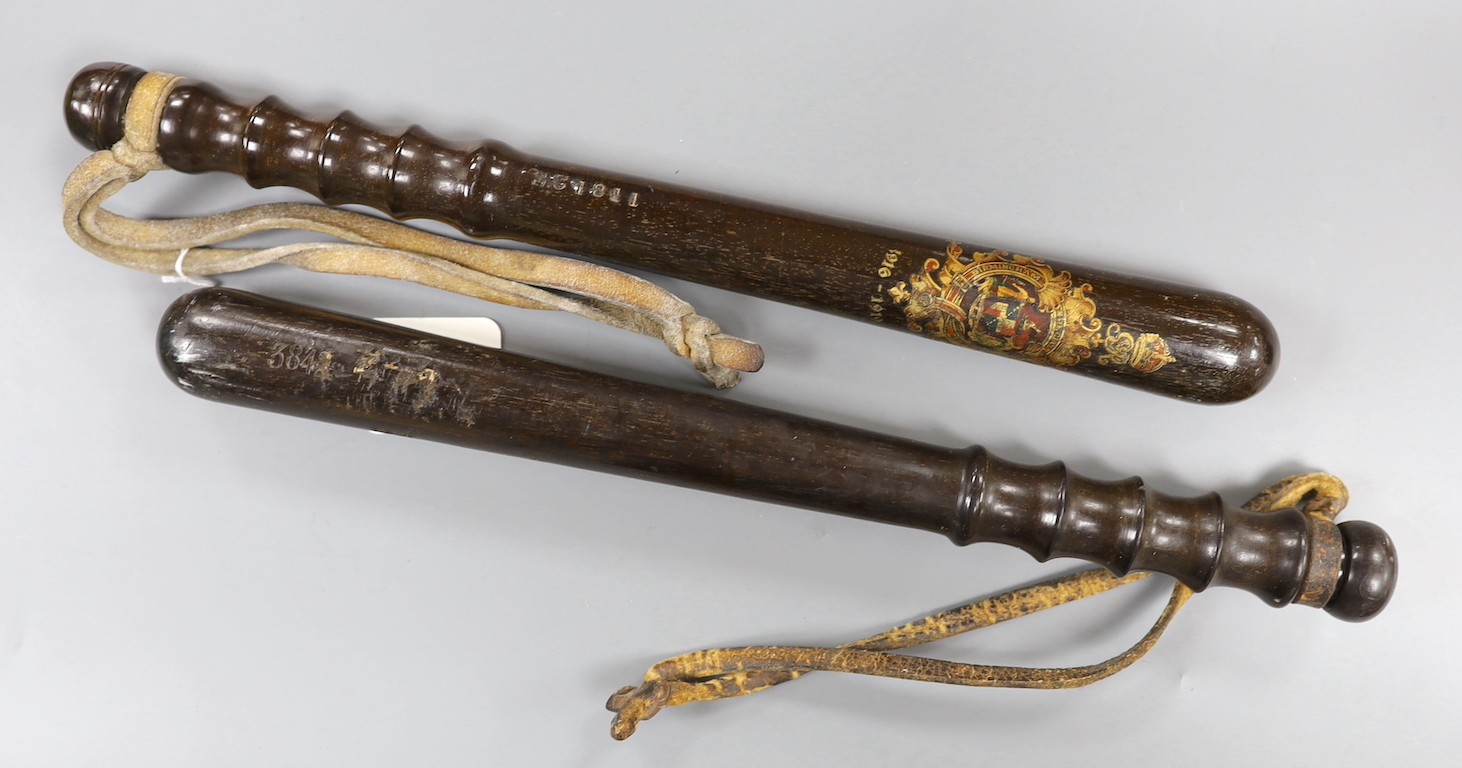 A pair of Birmingham Special Constabulary 1916-1919 commemorative truncheons, 39cms long.